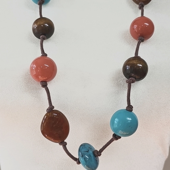 Turquoise Coral Brown Beaded Necklace On Knotted Brown String - Picture 2 of 5